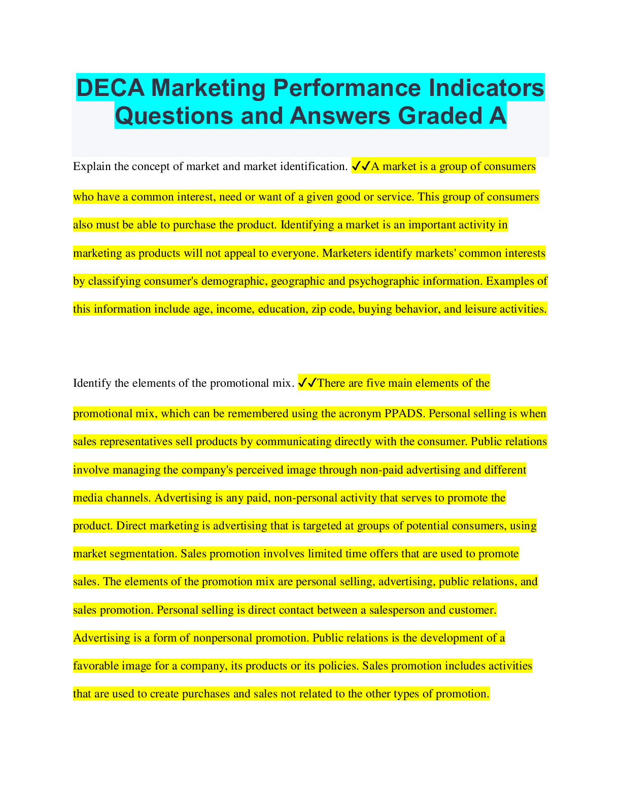 Deca marketing performance indicators questions and answers graded a